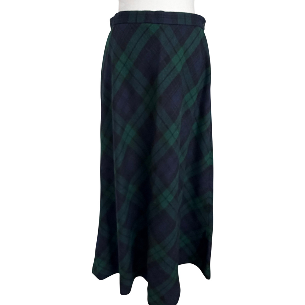 Vintage Ralph Lauren Navy Green Plaid 100% Wool Skirt Womens Size 10 *FLAW*